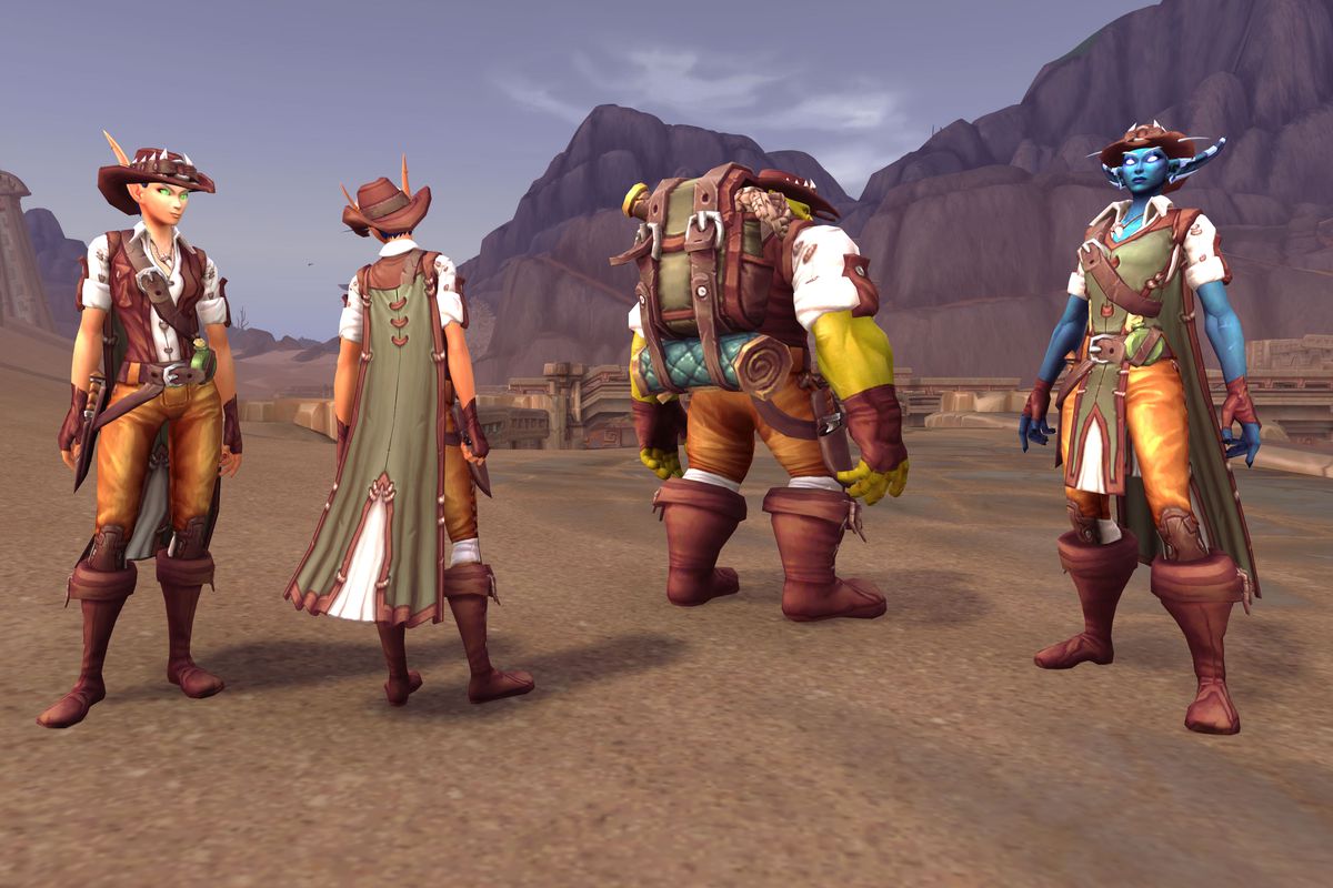 World of Warcraft - a selection of players stand and pose with exclusive in-game gear equipped.