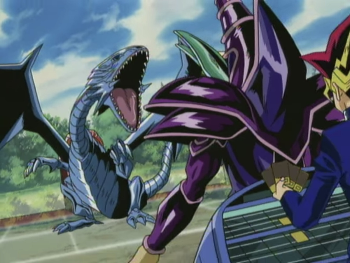 Yugi battling someone in the middle of a Duel Masters game
