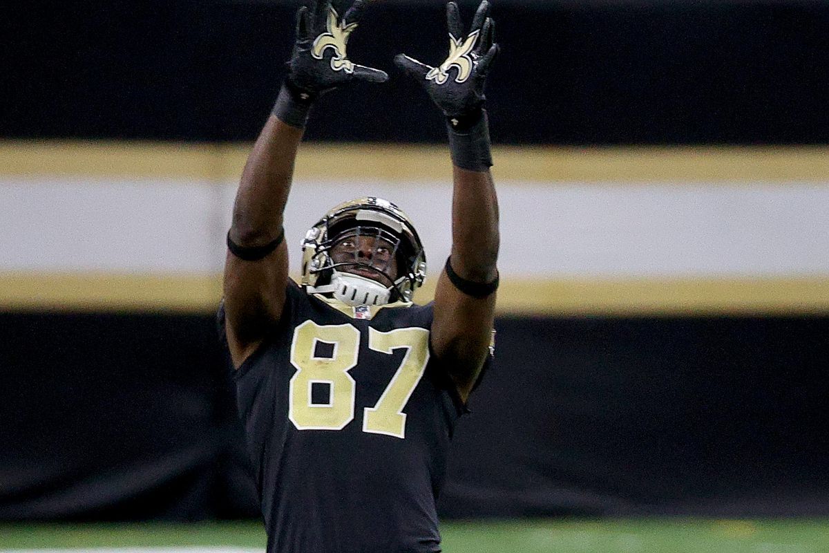 Jared Cook #87 of the New Orleans Saints catches a pass against the Kansas City Chiefs during the fourth quarter in the game at Mercedes-Benz Superdome on December 20, 2020 in New Orleans, Louisiana.