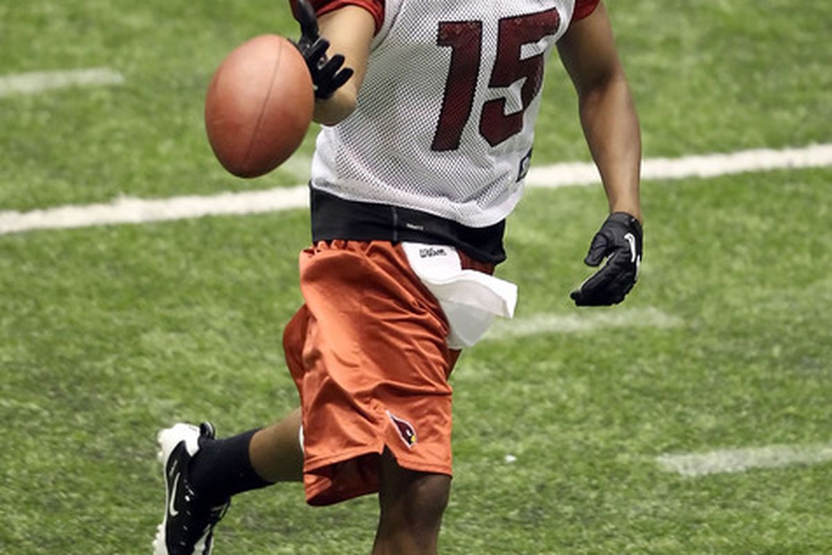FLAGSTAFF AZ - AUGUST 01:  Wide receiver Steve Breaston #15 of the Arizona Cardinals practices in training camp at Northern Arizona University Walkup Skydome on August 1 2010 in Flagstaff Arizona.  (Photo by Christian Petersen/Getty Images)