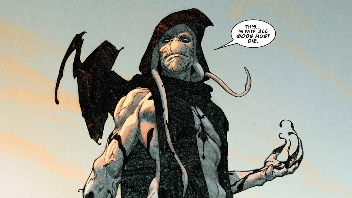 “This... is why all gods must die,” intones Gorr the God Butcher, a sallow-skinned alien with tentacles coming from his head and an dark, amorphous cloak in King Thor #1 (2019).