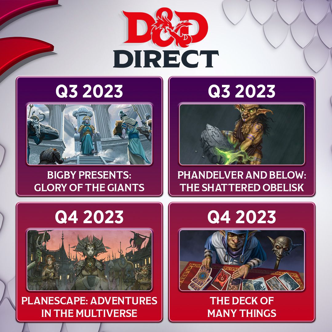 A slide intended for Instagram that shows the release cadence for D&amp;D content in 2023. Items include Bigby Presents (Q3), Phandelver and Below (Q3), Planescape (Q4), and The Deck of Many Things (Q4).