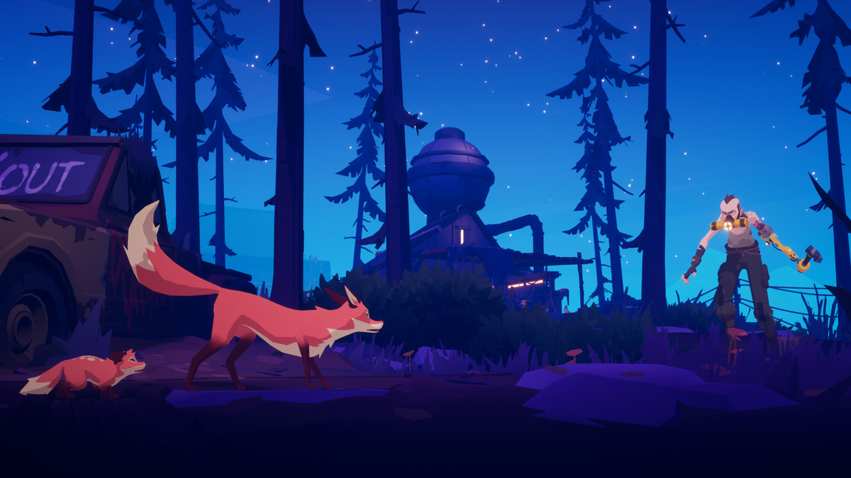 Screenshot from Endling - Extinction is Forever featuring a standoff in a sparse forest that is littered with scrap and waste between a mother fox and her cub versus a furrier in a gas mask wielding a wrench.