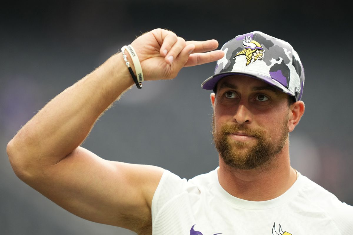 Wide receiver Adam Thielen #19 of the Minnesota Vikings gestures to fans during warm-up before a preseason game against the Las Vegas Raiders at Allegiant Stadium on August 14, 2022 in Las Vegas, Nevada.