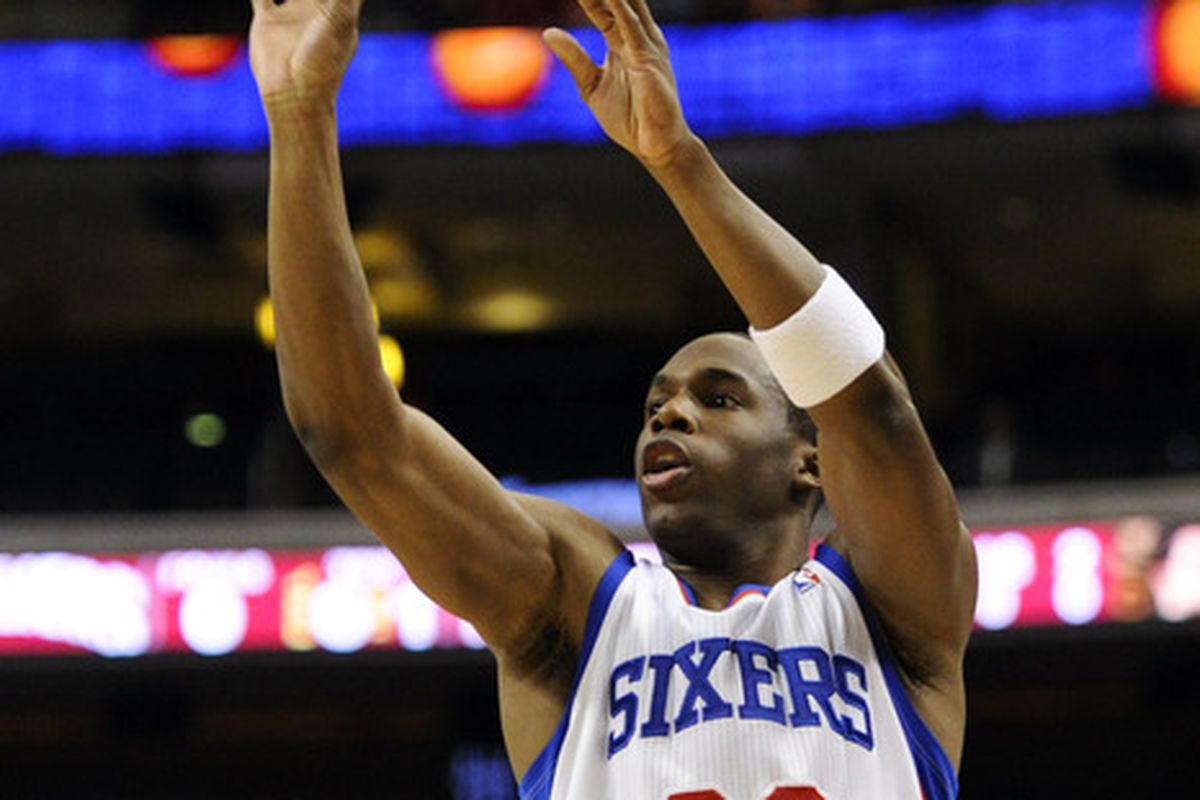 Mar 27, 2012; Philadelphia, PA, USA; Philadelphia 76ers guard Jodie Meeks (20) shoots a jump shot during the first quarter against the Cleveland Cavaliers at the Wells Fargo Center. Mandatory Credit: Howard Smith-US PRESSWIRE
