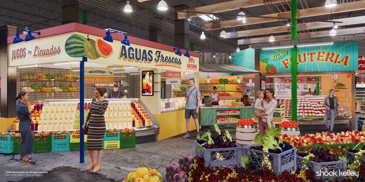 Agua Frescas stand and fruteria rendering of Mercado Gonzalez.