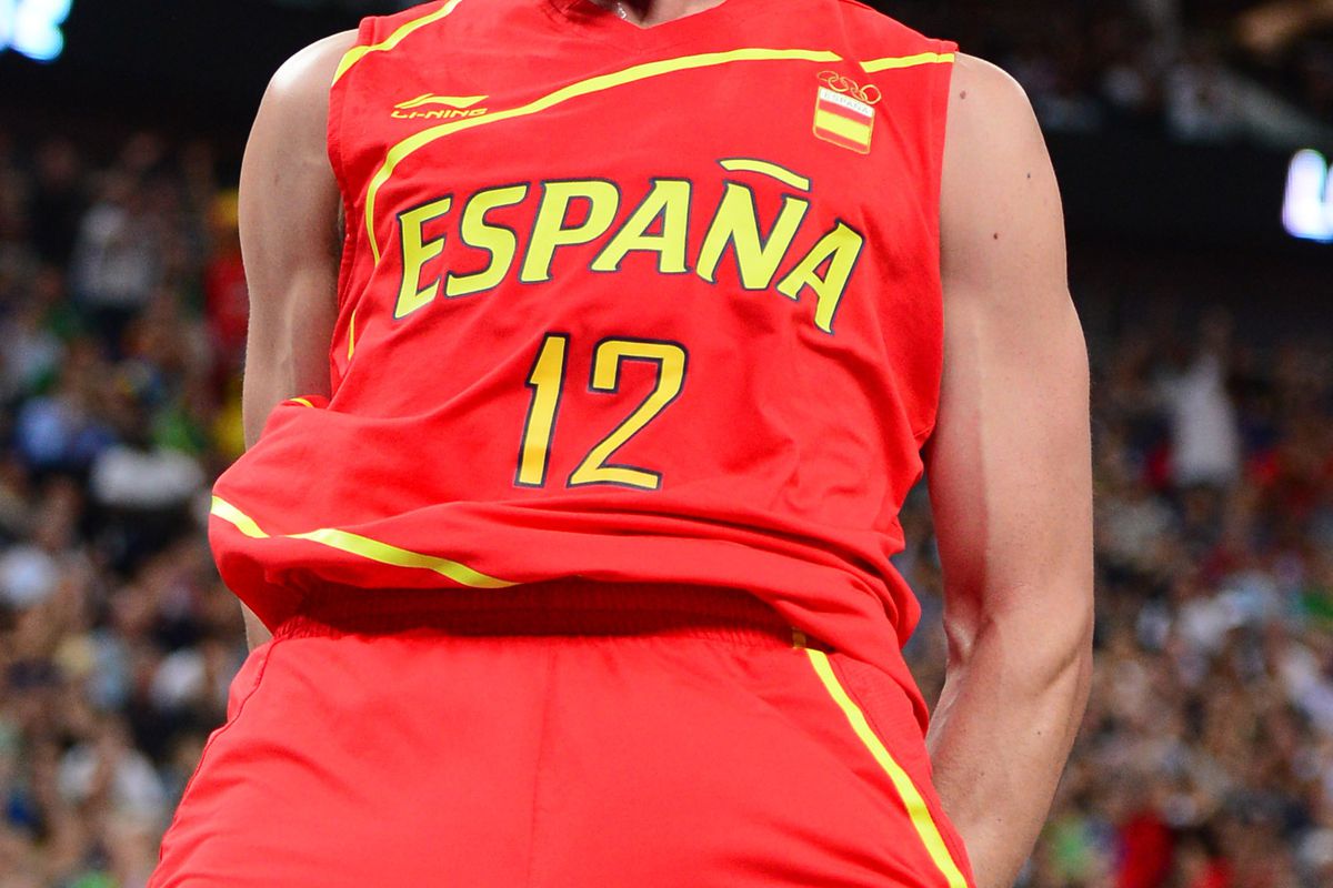 Aug 8, 2012; London, United Kingdom; Spain guard Sergio Llull (12) reacts during the men's quarterfinal against France in the 2012 London Olympic Games at North Greenwich Arena.   Mandatory Credit: Mark J. Rebilas-USA TODAY Sports