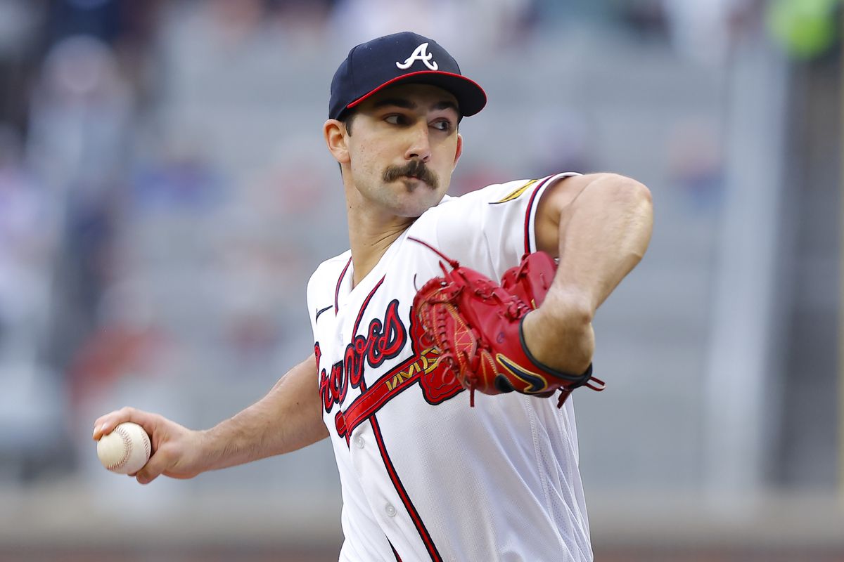 Spencer Strider of the Atlanta Braves pitches during the first inning against the Los Angeles Dodgers at Truist Park on May 23, 2023 in Atlanta, Georgia.