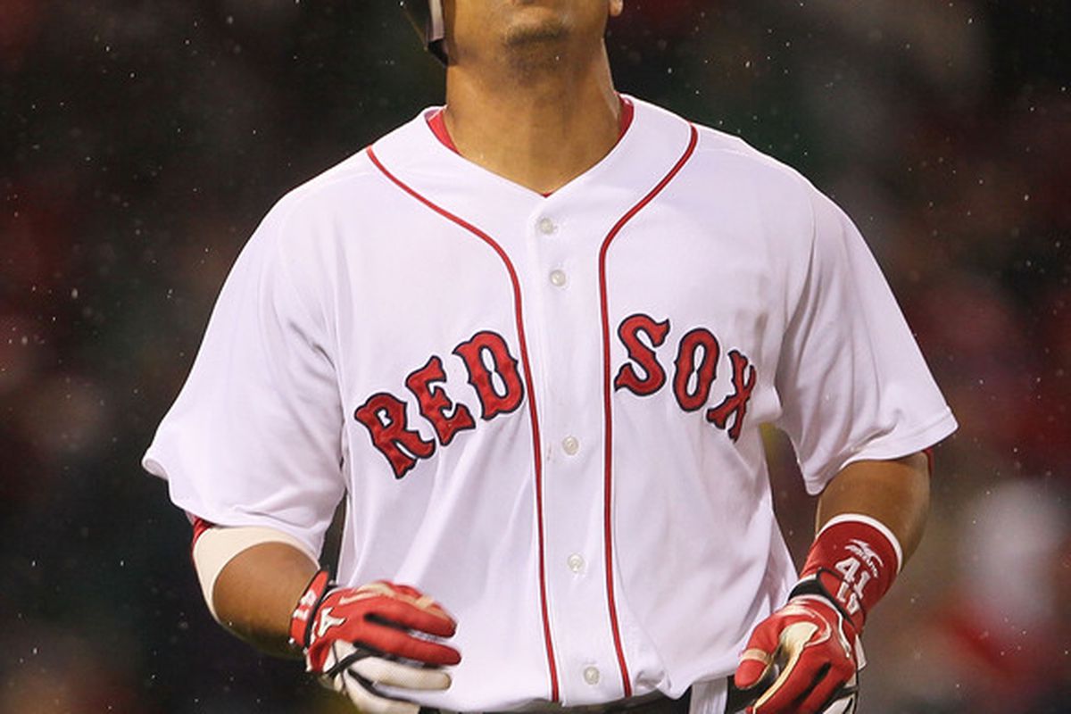 BOSTON - APRIL 17:  Victor Martinez #41of the Boston Red Sox reacts against the Tampa Bay Rays at Fenway Park on April 17, 2010 in Boston, Massachusetts. (Photo by Jim Rogash/Getty Images)