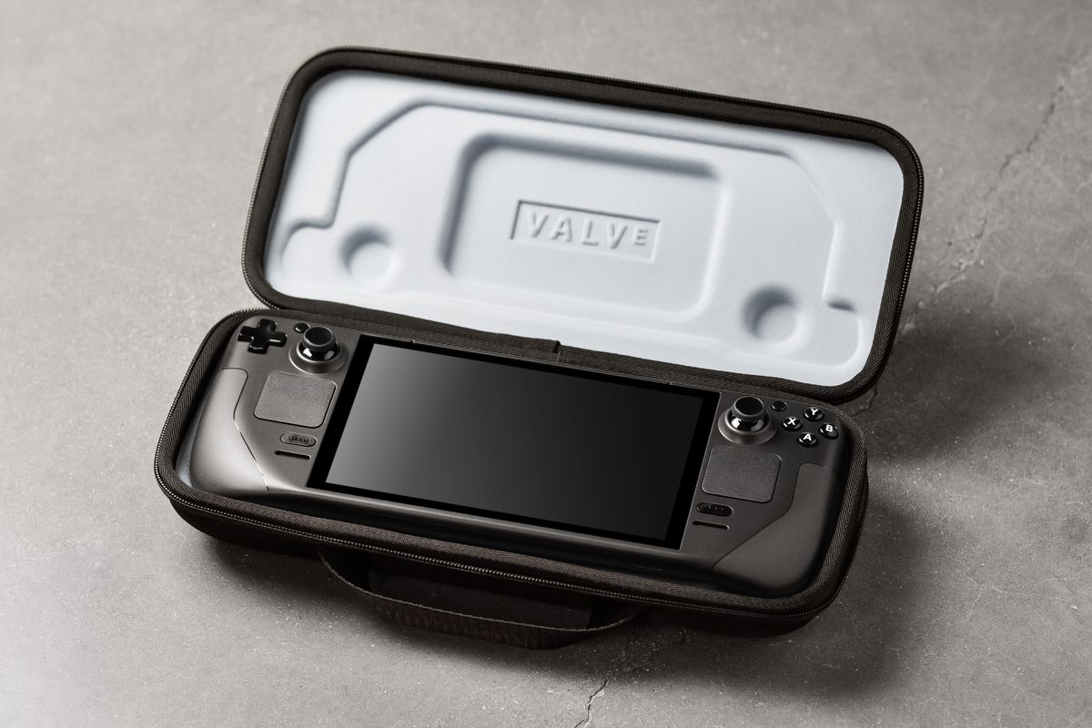 a photo of a Steam Deck, a new handheld console from Valve, in a case