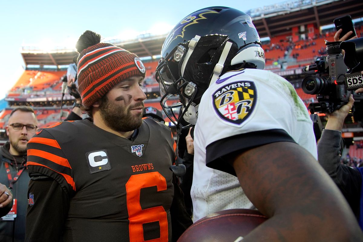 Lamar Jackson #8 of the Baltimore Ravens shakes hands with Baker Mayfield #6 of the Cleveland Browns after the game at FirstEnergy Stadium on December 22, 2019 in Cleveland, Ohio.