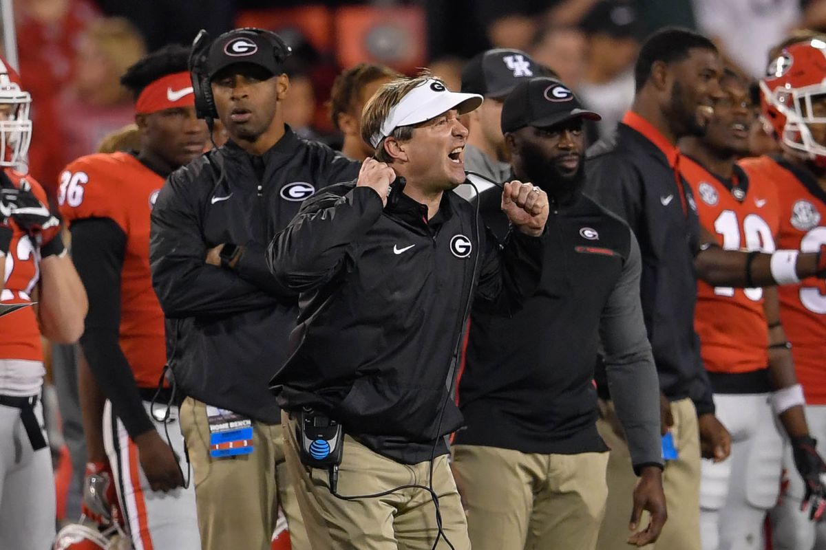 Nov 18, 2017; Athens, GA, USA; Georgia Bulldogs head coach Kirby Smart reacts on the sideline against the Kentucky Wildcats during the second half at Sanford Stadium. Mandatory Credit: Dale Zanine-USA TODAY Sports