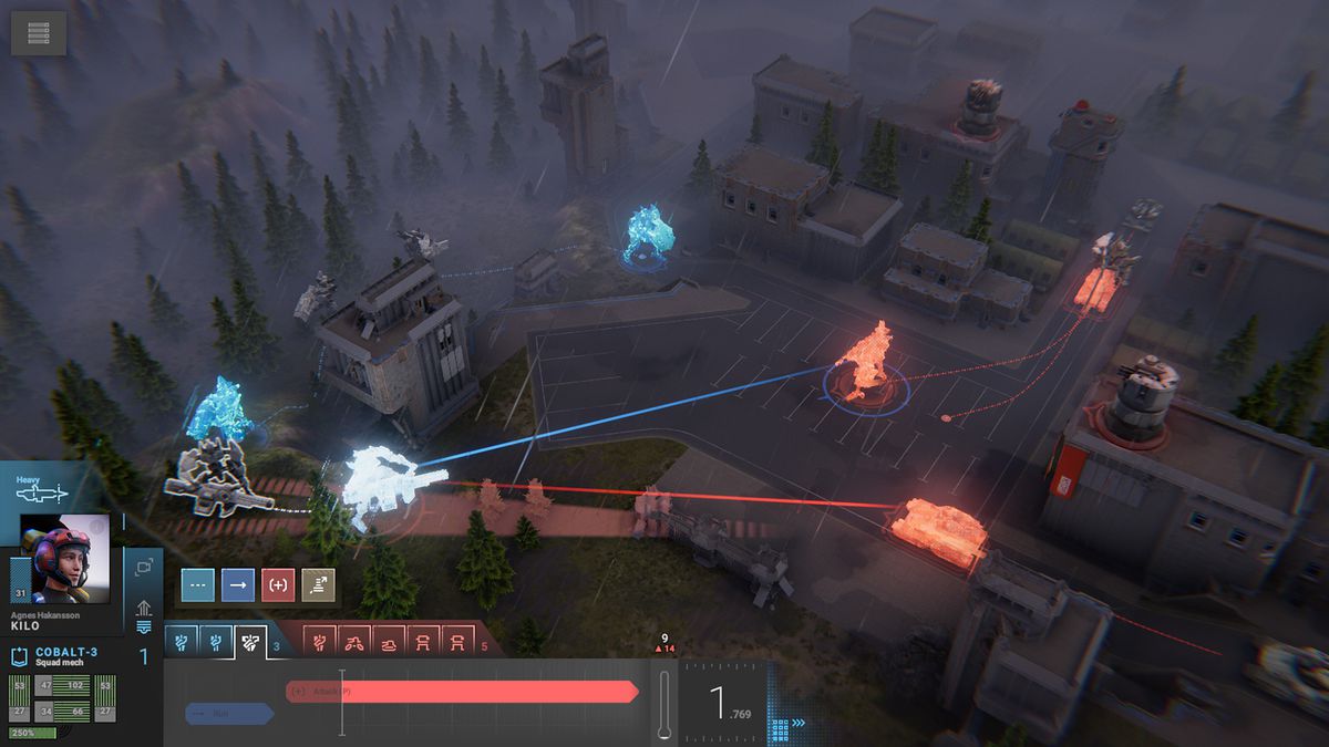 An overview of a battle in Phantom Brigade, showing the hybrid real-time/turn-based timeline