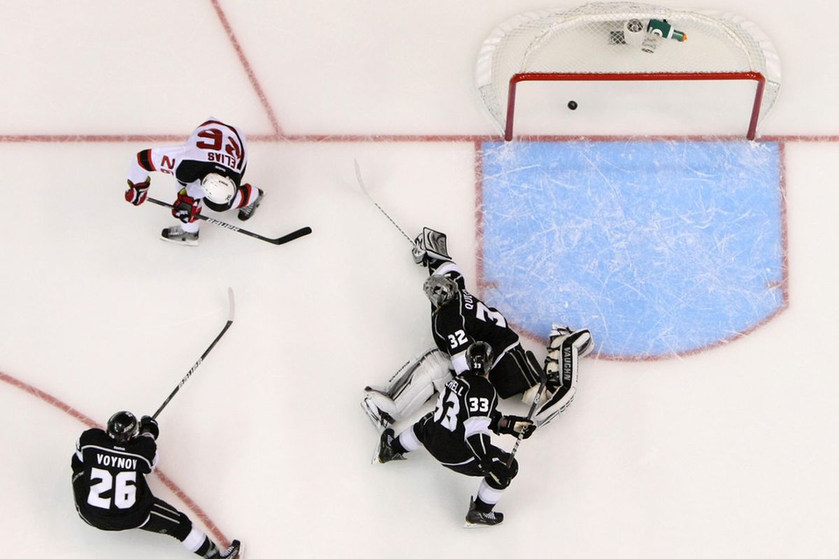 Patrik Elias was in the right place at the right time for this goal.  It's also the team's first right-place-right-time situation since Ryan Carter's deflection in Game 2.  (Photo by Jeff Gross/Getty Images)