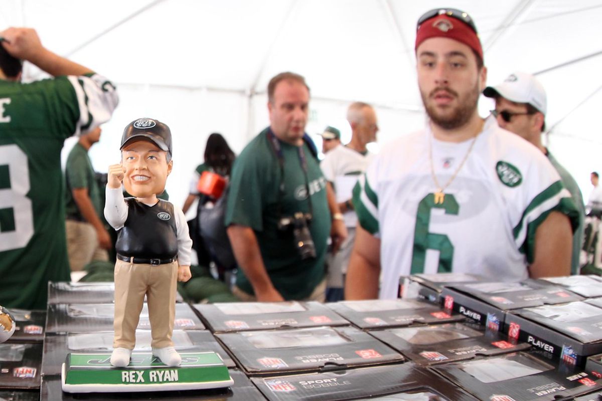 June 14, 2012; Florham Park, NJ, USA; A general view of a bobblehead of New York Jets head coach Rex Ryan before the start of New York Jets minicamp at the Atlantic Health Training Center.  Mandatory Credit: Ed Mulholland-US PRESSWIRE