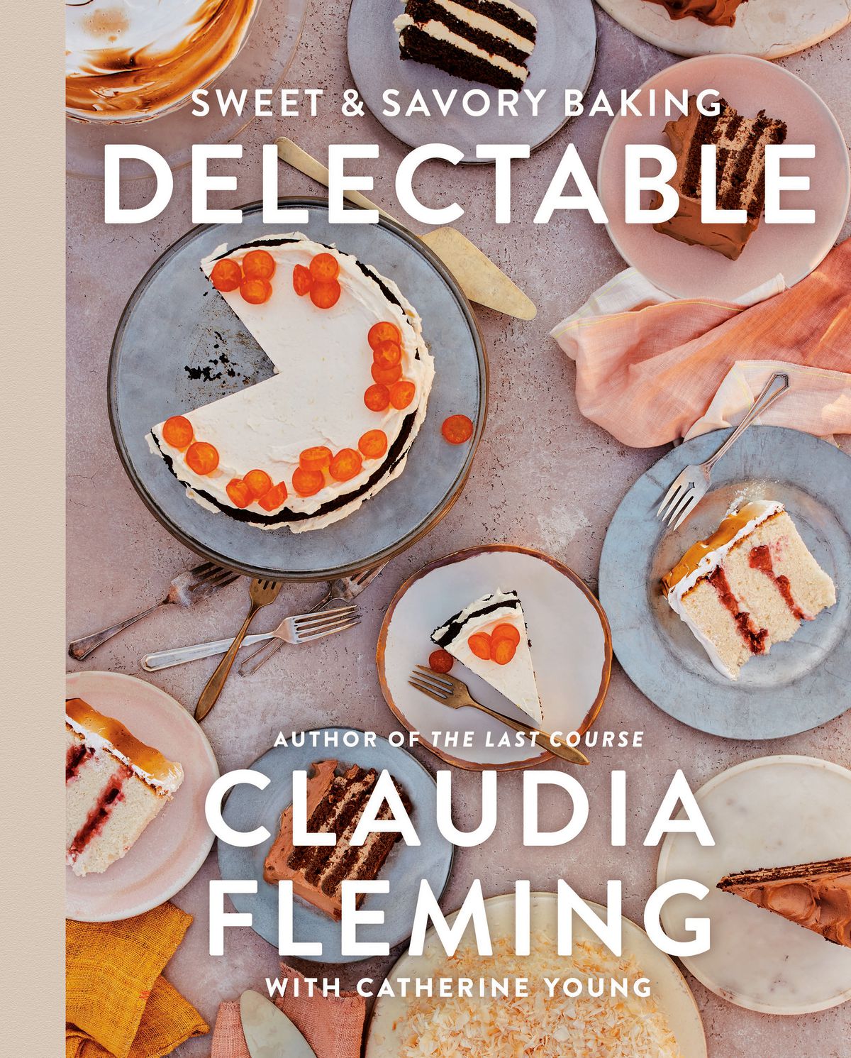 The cover of Delectable featuring an overhead shot of cake and cake slices