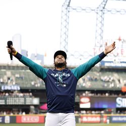Eugenio Suarez #28 of the Seattle Mariners addresses the crowd after beating the Detroit Tigers 5-4