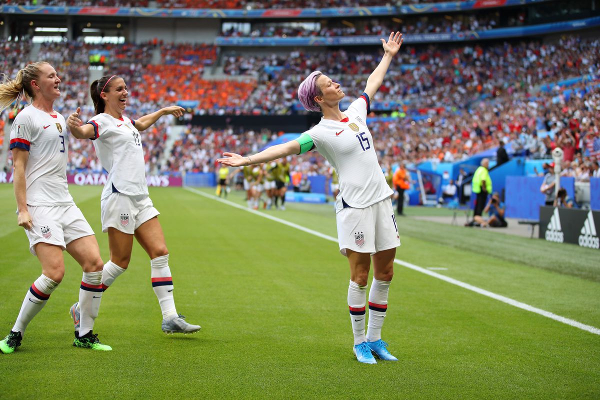 2019 FIFA Women’s World Cup France: Megan Rapinoe celebrates scoring her team’s first goal against the Netherlands. 