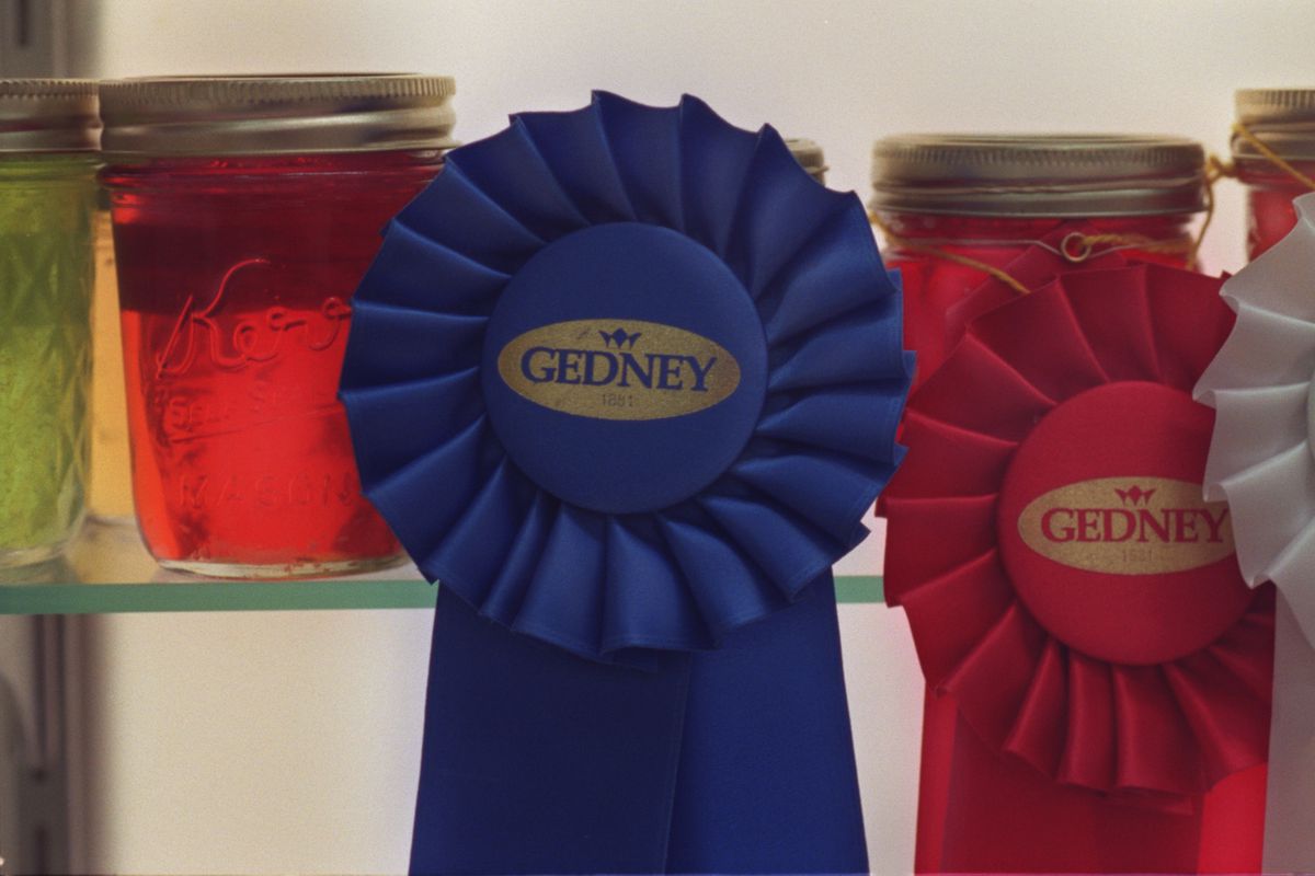 Blue ribbon winning breads and preserves at the State Fair. — Minnesota State Fair—Ribbon-winning preserves at the Minnesota State Fair displayed in the Creative Activities Building.(Photo By JOEY MCLEISTER/Star Tribune via Getty Images)