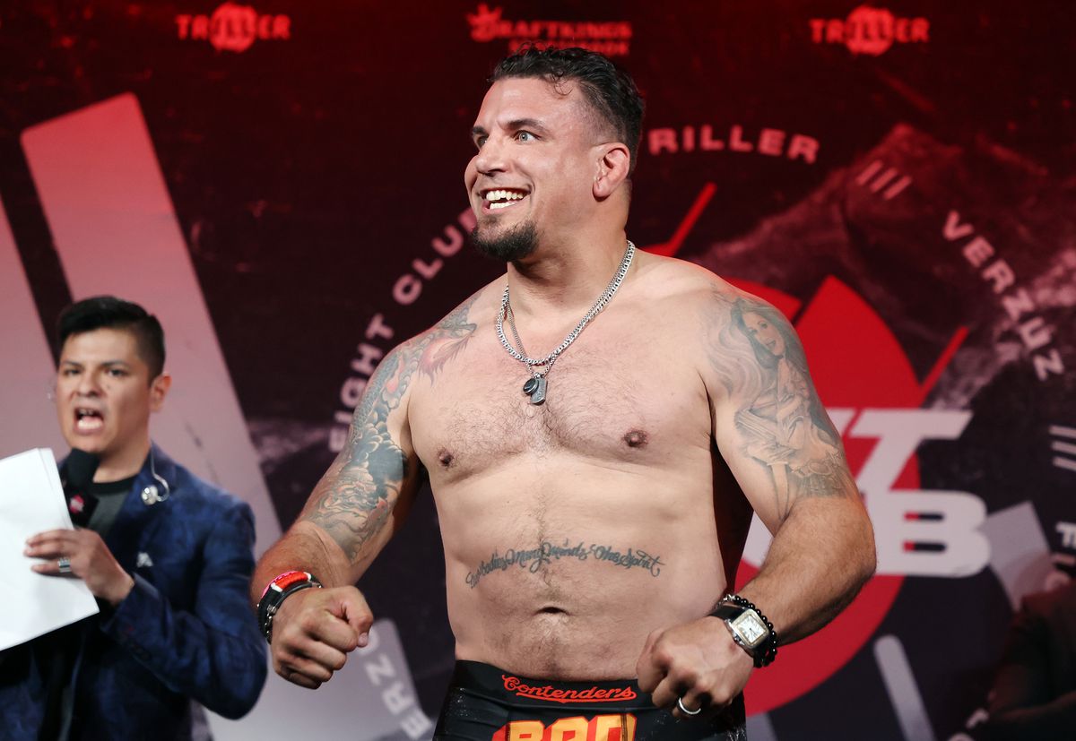 Former UFC champion Frank Mir weighs in for his Triller boxing match in April.