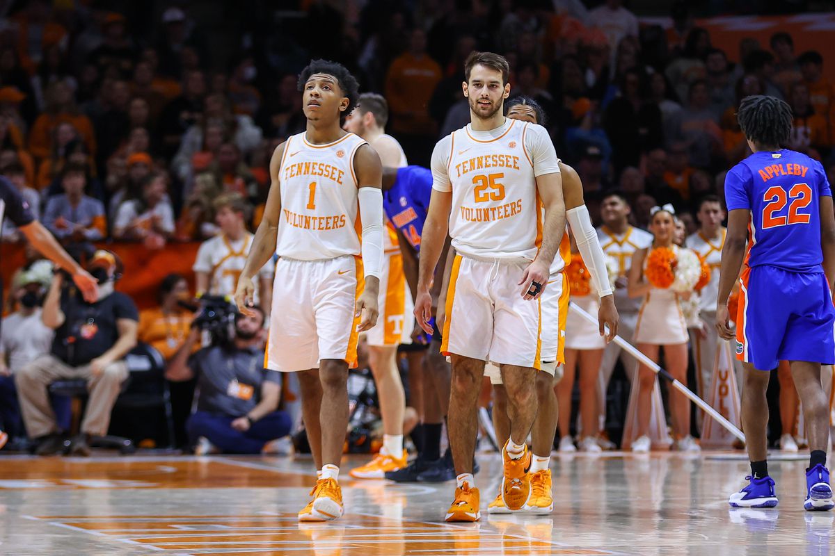 Tennessee Volunteers guard Kennedy Chandler and guard Santiago Vescovi during the second half against the Florida Gators at Thompson-Boling Arena.