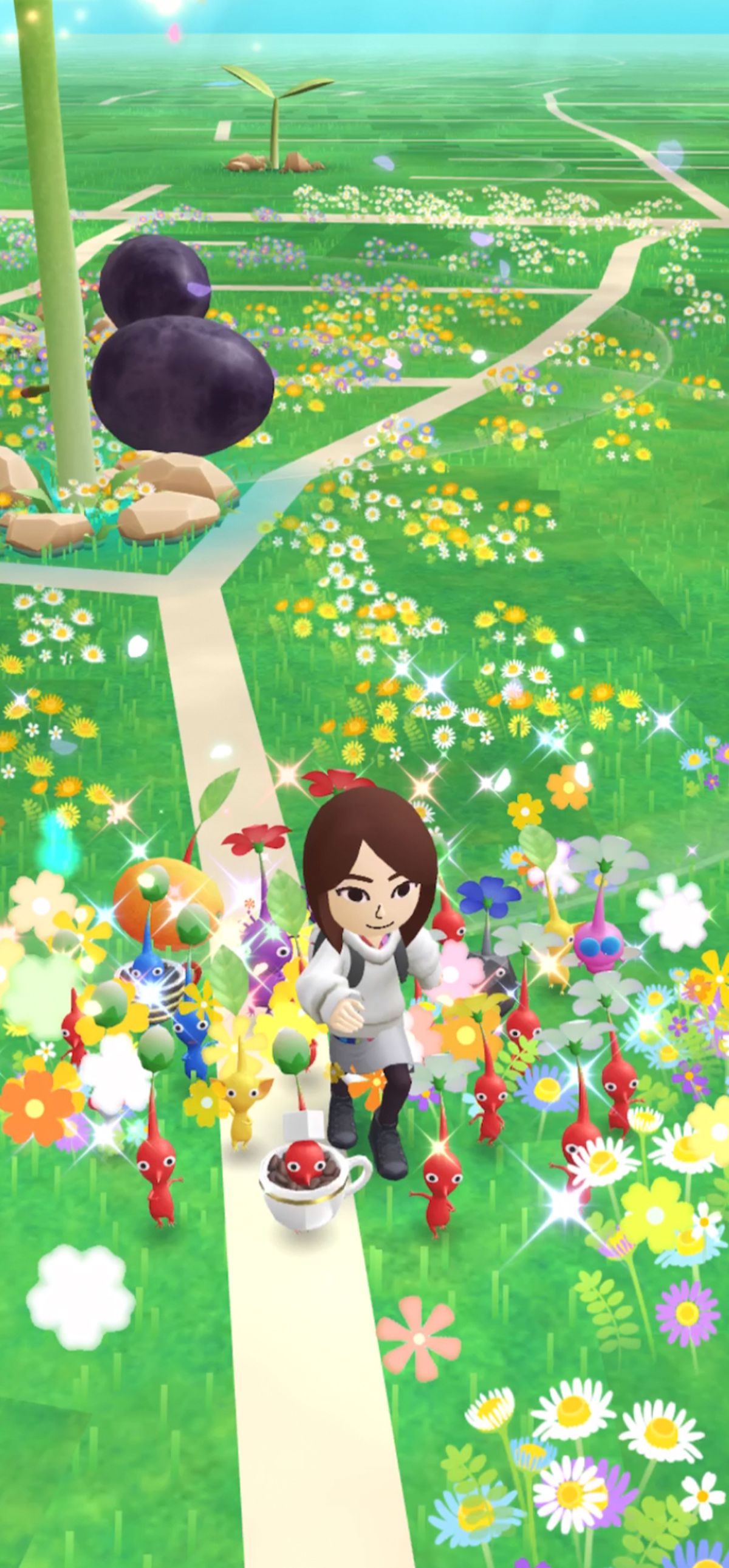 a Mii running alongside a group of pikmin. their path glitters and is filled with flowers