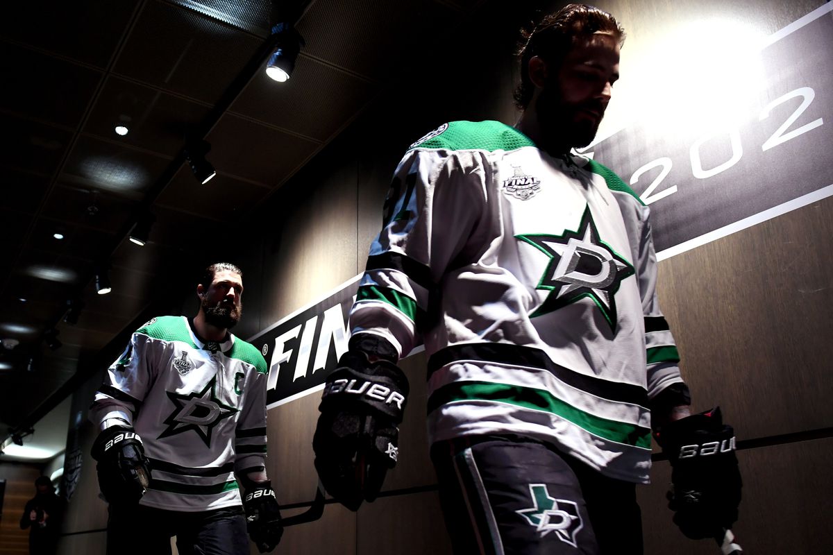 Jamie Benn and Tyler Seguin walk toward the ice before Game One of the Stanley Cup Finals versus the Tampa Bay Lightning at Rogers Place in Edmonton. 