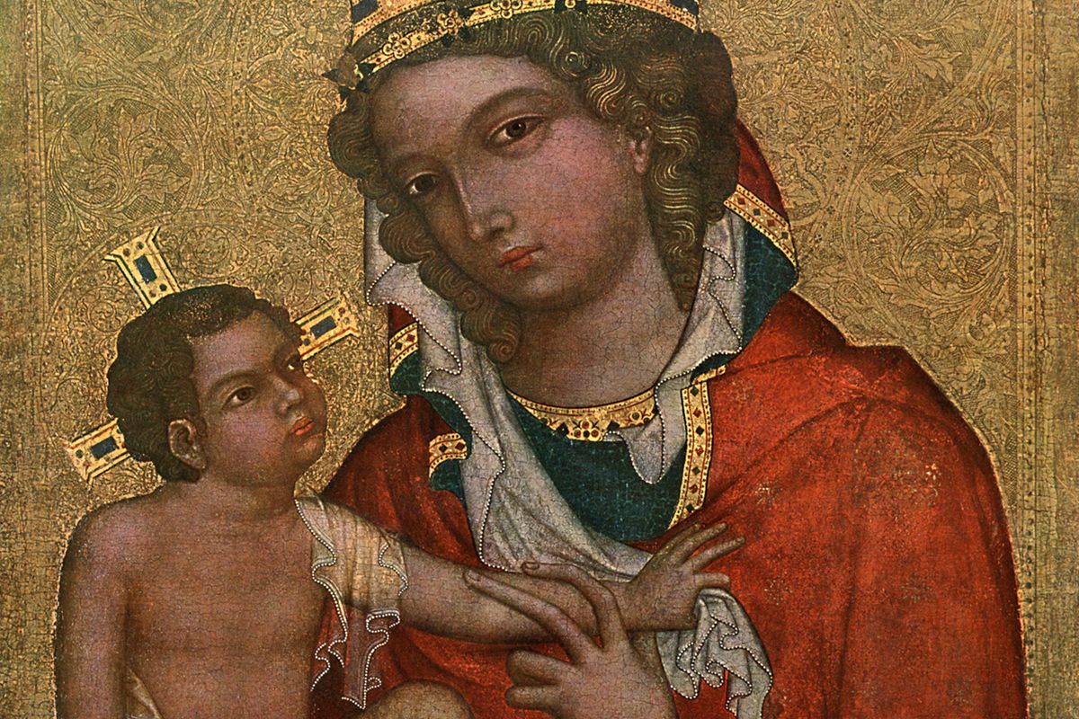 This 1350 baby in Madonna of Veveri by the Master of the Vyssi Brod Altar looks like he's about to be fired for sexual harassment.