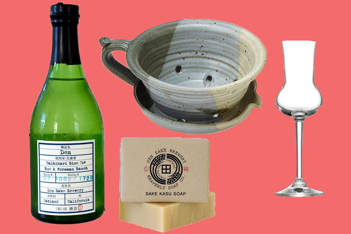 Sake and soap set, a brownish ceramic bowl, and a delicate cocktail glass