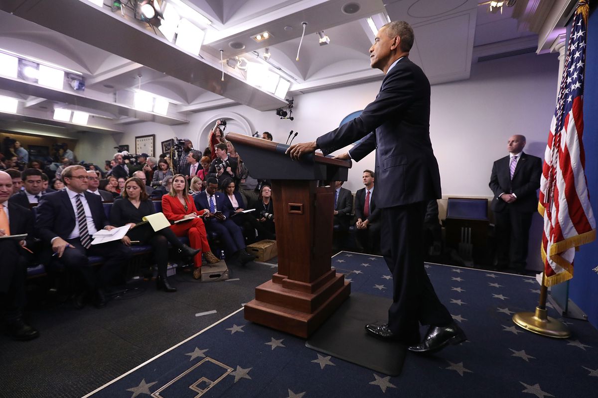 President Barack Obama holds the last news conference of his presidency in the Brady Press Briefing Room at the White House January 18, 2017 in Washington, DC.&nbsp;