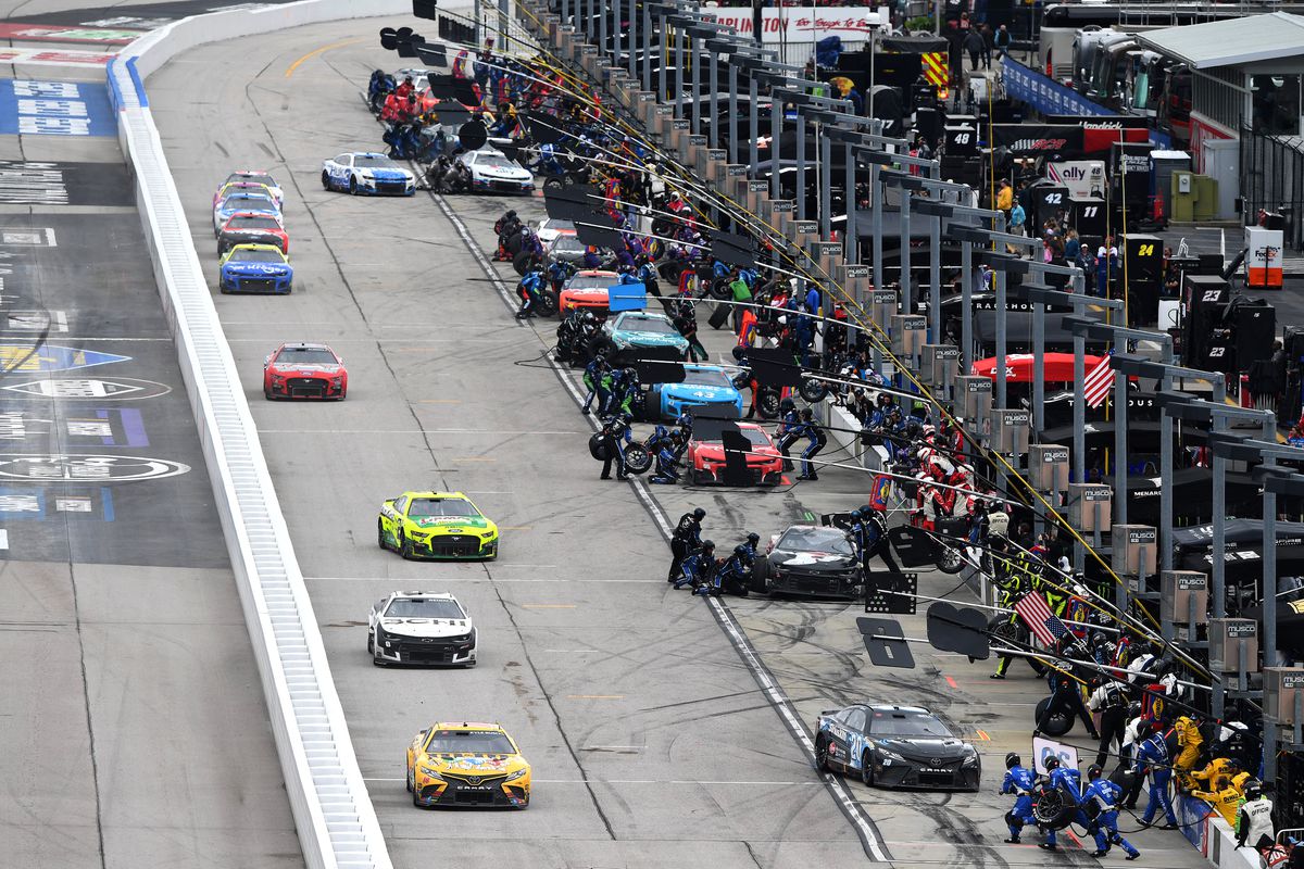 A general view of pit road during the NASCAR Cup Series Goodyear 400 at Darlington Raceway on May 08, 2022 in Darlington, South Carolina.
