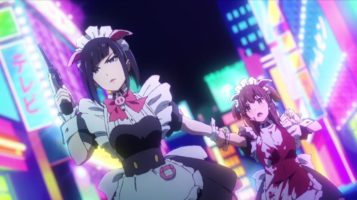 A purple-haired woman in a maid outfit with pig ears brandishes a pistol, walking down a street lit by neon advertising signs while holding the hand of brown-haired woman in an identical outfit and a white blouse covered in splattered blood.