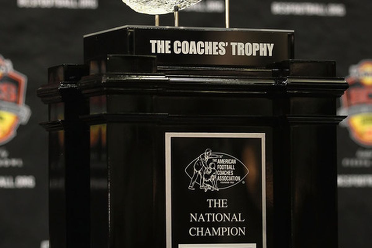 SCOTTSDALE AZ - JANUARY 07:  The coaches trophy is displayed during Media Day for the Tostitos BCS National Championship Game at the JW Marriott Camelback Inn on January 7 2011 in Scottsdale Arizona.  (Photo by Christian Petersen/Getty Images)