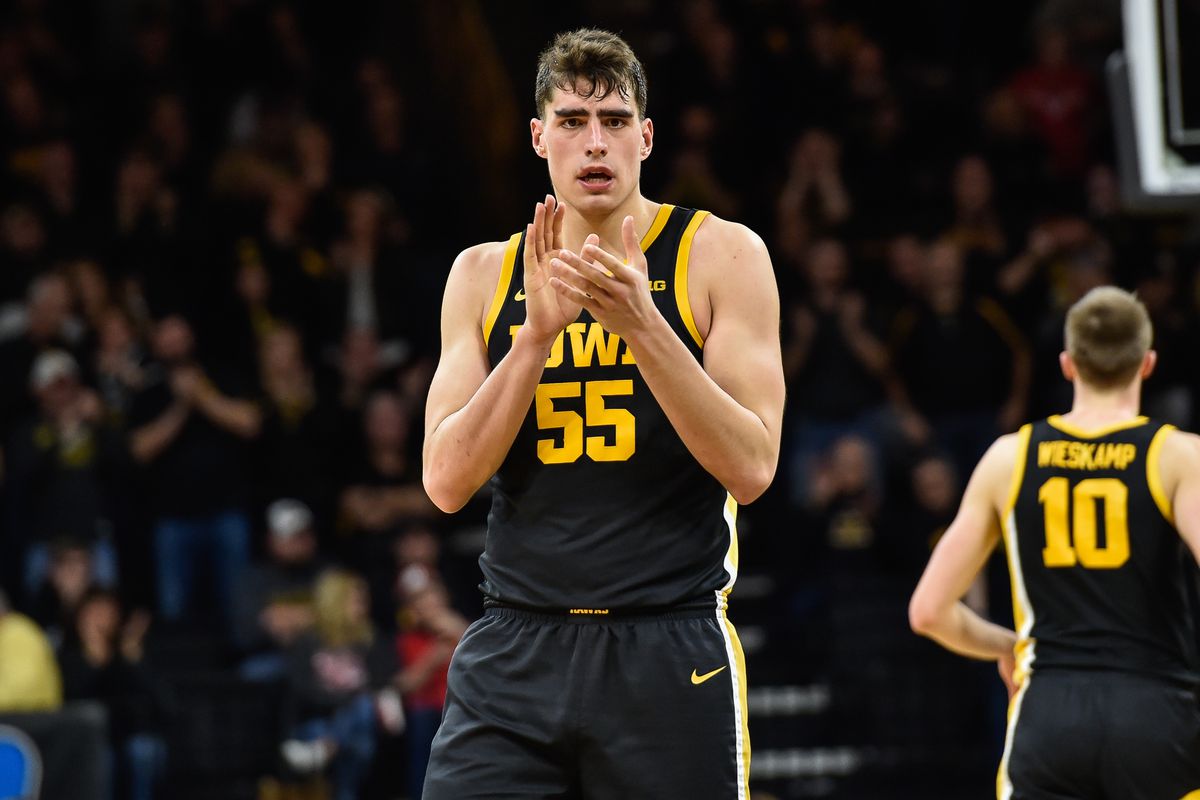 Iowa Hawkeyes center Luka Garza reacts late in the second half against the Wisconsin Badgers at Carver-Hawkeye Arena
