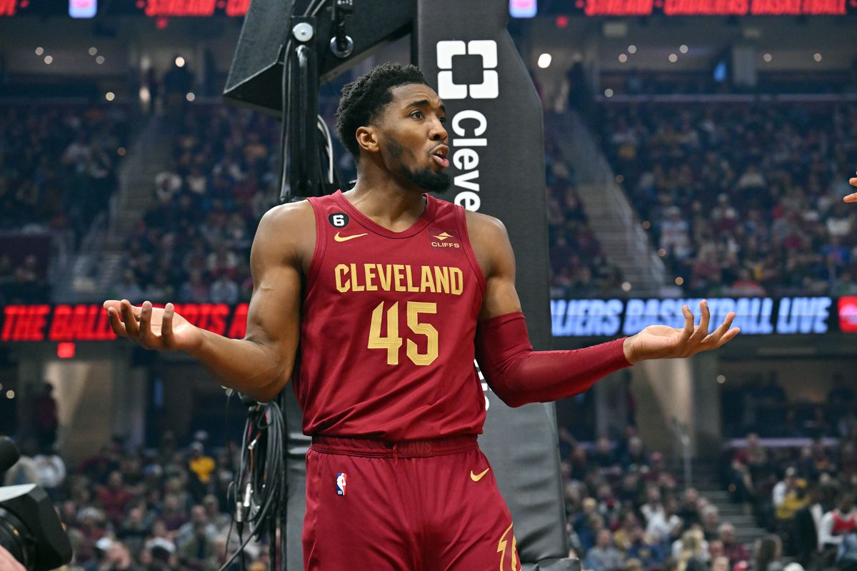 Donovan Mitchell #45 of the Cleveland Cavaliers reacts during the first half against the Chicago Bulls at Rocket Mortgage Fieldhouse on January 02, 2023 in Cleveland, Ohio.