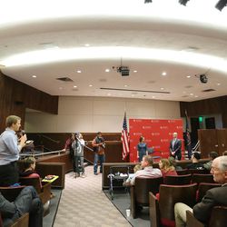 Independent presidential candidate Evan McMullin and running mate Mindy Finn answer a student's question at the University of Utah's Hinckley Institute in Salt Lake City on Wednesday, Nov. 2, 2016.