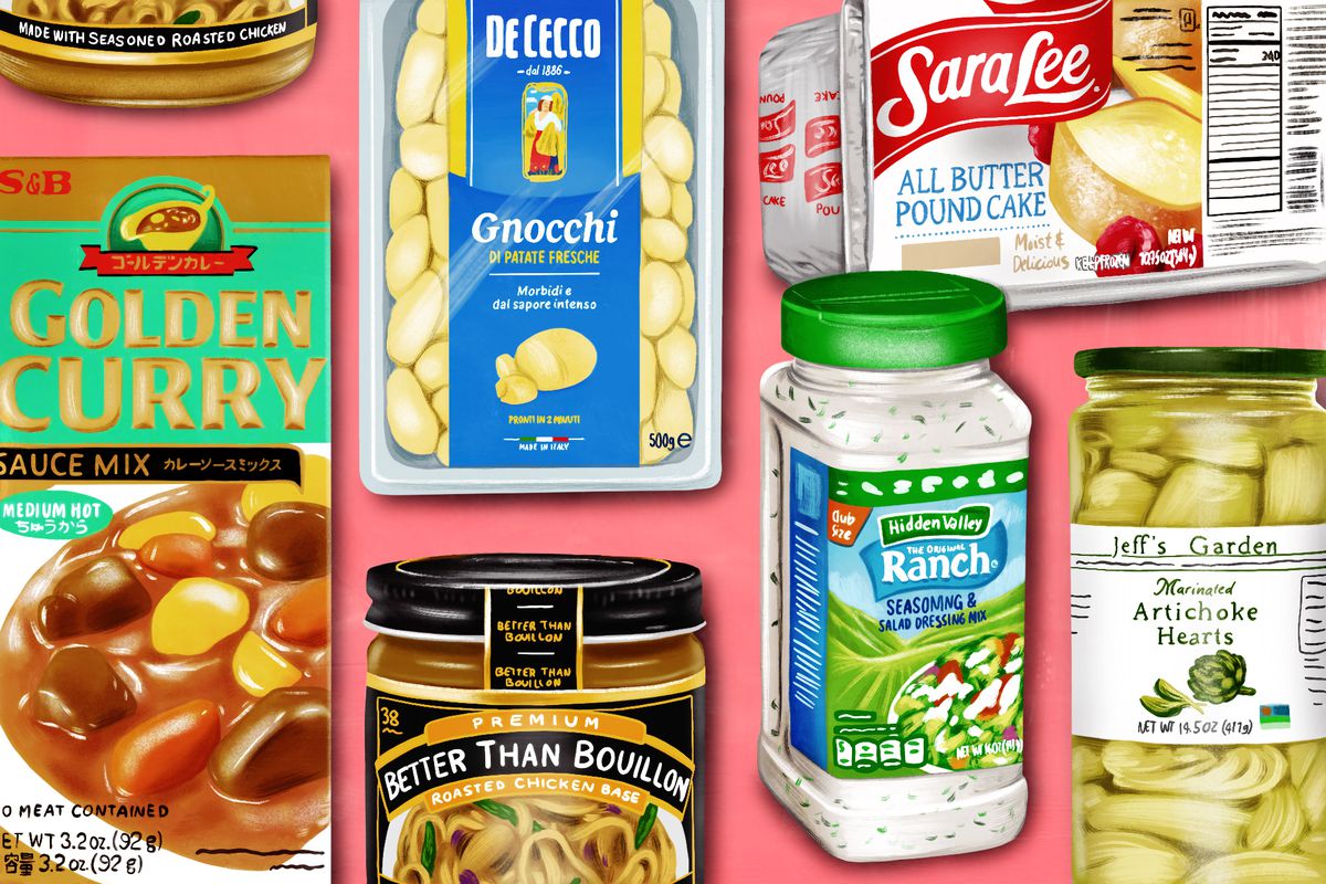 An array of packaged premade ingredients, including DeCecco gnocchi, Sara Lee pound cake, Hidden Valley ranch seasoning, Better Than Bouillon, Golden Curry sauce mix, and Jeff’s Garden artichoke hearts. Illustration.