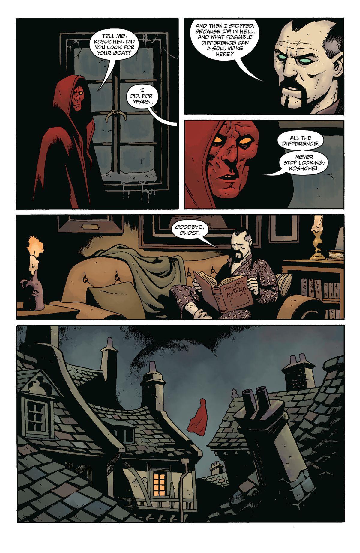 The “ghost” tells Koshchei that he should keep looking for his goat and his soul and then departs, floating over the rooftops in Koshchei in Hell #1 (2022).