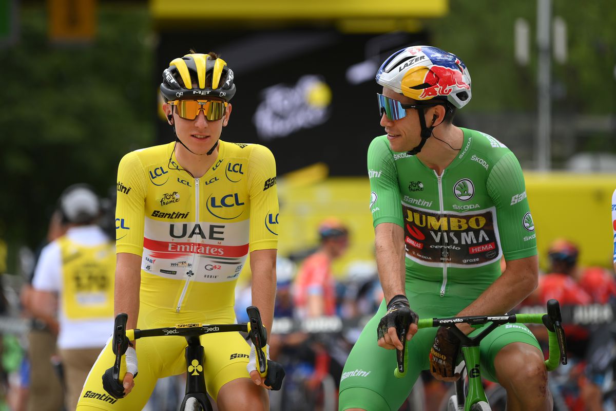 Tadej Pogacar of Slovenia and UAE Team Emirates - Yellow Leader Jersey and Wout Van Aert of Belgium and Team Jumbo - Visma - Green Points Jersey prior to the 109th Tour de France 2022, Stage 8 a 186,3km stage from Dole to Lausanne - Côte du Stade olympique 602m / #TDF2022 / #WorldTour / on July 09, 2022 in Lausanne, Switzerland.