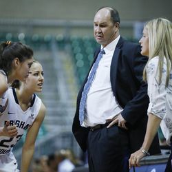 Brigham Young Cougars head coach Jeff Judkins talsk with players during the WCC tournament in Las Vegas Monday, March 7, 2016. BYU won 87-67.