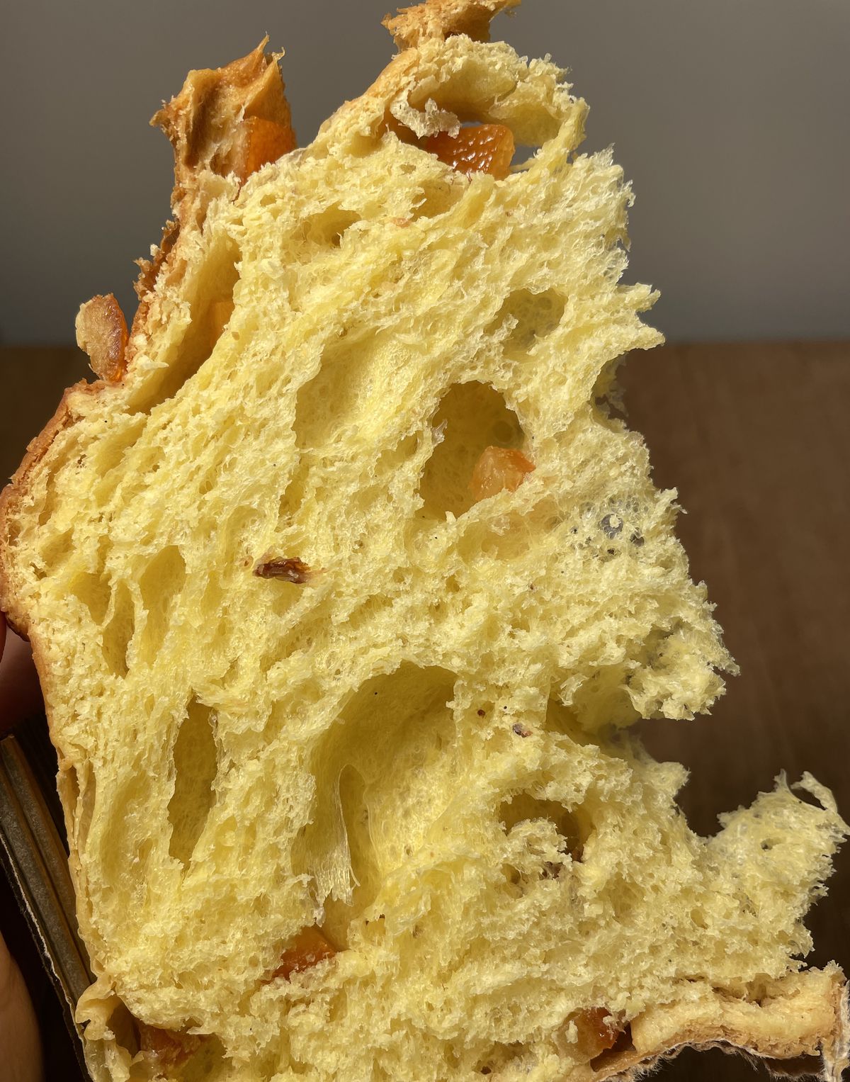 Panettone, torn away to reveal its fluffy yellow crumb.