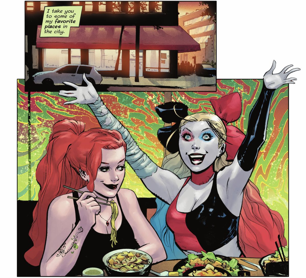 “Te llevo a algunos de mis lugares favoritos de la ciudad”, piensa Poison Ivy mientras ella y Harley Quinn comen fideos en un restaurante.  Harley está encantada con todos los remolinos multicolores alucinógenos que la rodean en Poison Ivy #9 (2023).