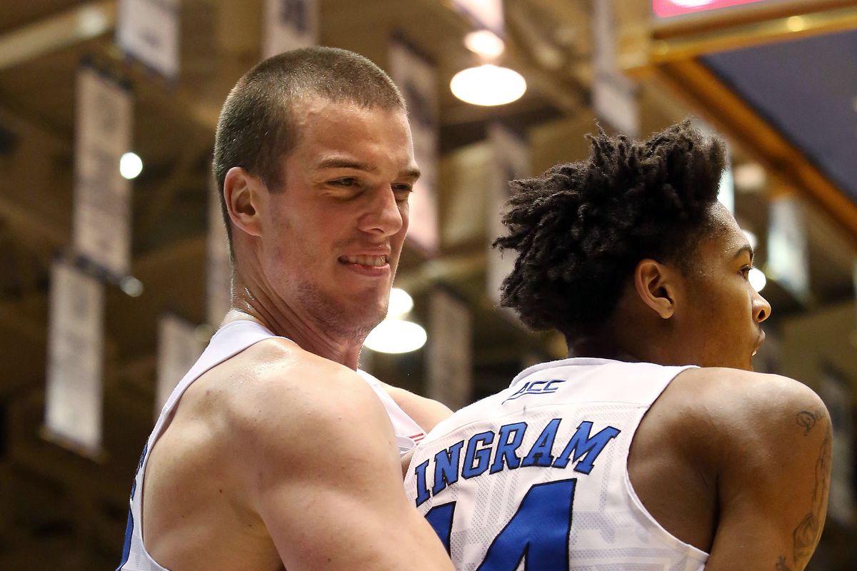 Nov 25, 2015; Durham, NC, USA; Duke Blue Devils center Marshall Plumlee (40) celebrates with guard Brandon Ingram (14) after he scored against the Yale Bulldogs in their game at Cameron Indoor Stadium. 