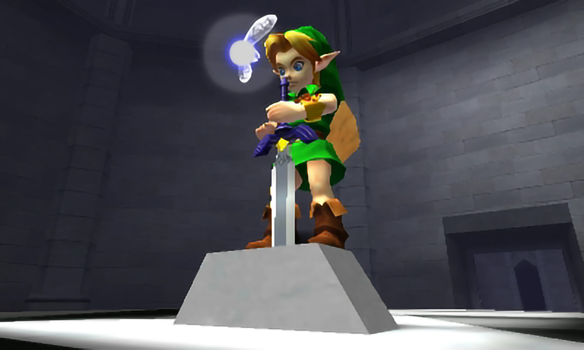 The Legend of Zelda: Ocarina of Time 3D screenshot of Link pulling the Master Sword from a stone. Navi is helpfully circling around.