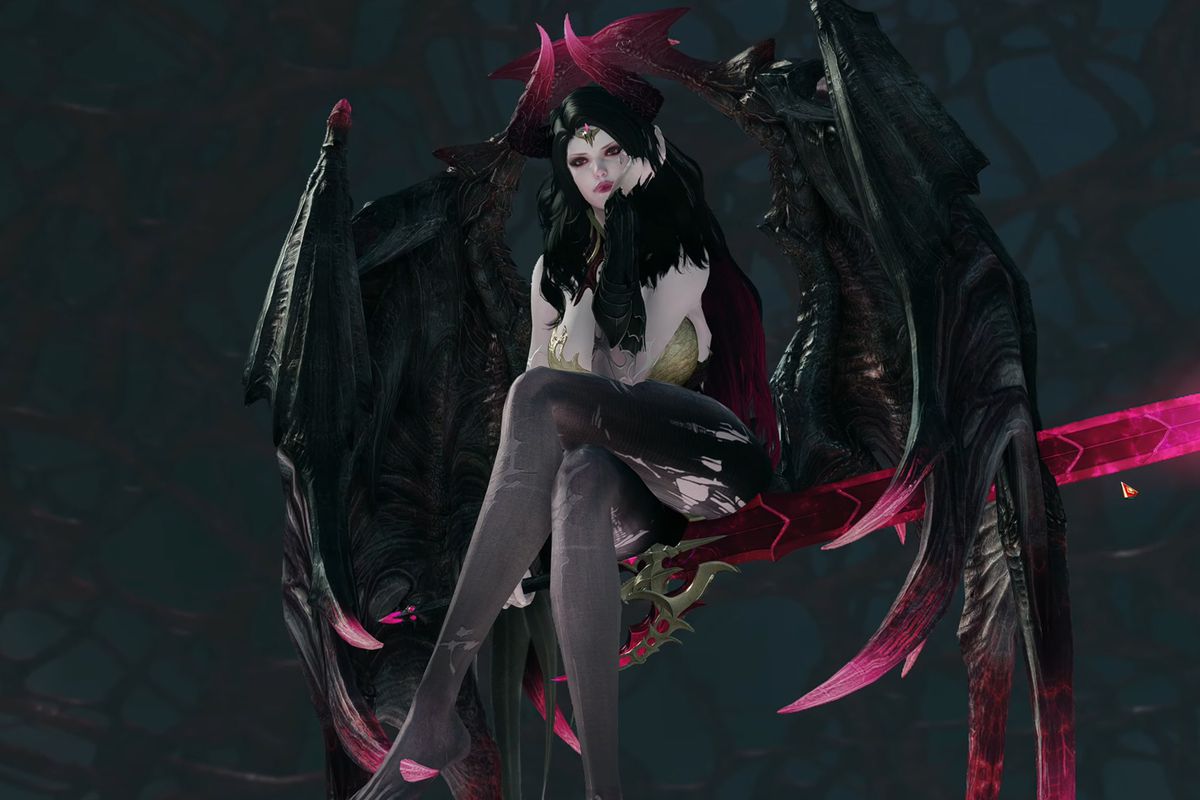 Vykas, the boss of Lost Ark’s new Legion Raid, poses with her chin in her hand, her legs crossed, and her bat wings slightly unfurled