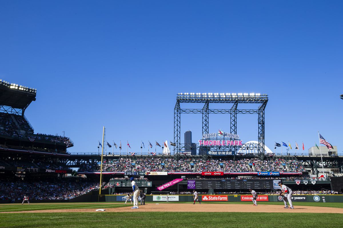 A general view of T-Mobile Park as seen during a Seattle Mariners game on March 31, 2019 in Seattle, Washington.