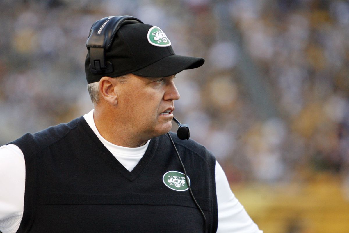 September 16, 2012; Pittsburgh, PA, USA; New York Jets head coach Rex Ryan looks on from the sidelines against the Pittsburgh Steelers during the third quarter at Heinz Field. Mandatory Credit: Charles LeClaire-US PRESSWIRE