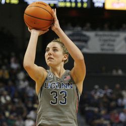 UConn’s Katie Lou Samuelson (33) attempts a free throw during the Notre Dame Fighting Irish vs UConn Huskies women's college basketball game in the Women's Jimmy V Classic at the XL Center in Hartford, CT on December 3, 2017.