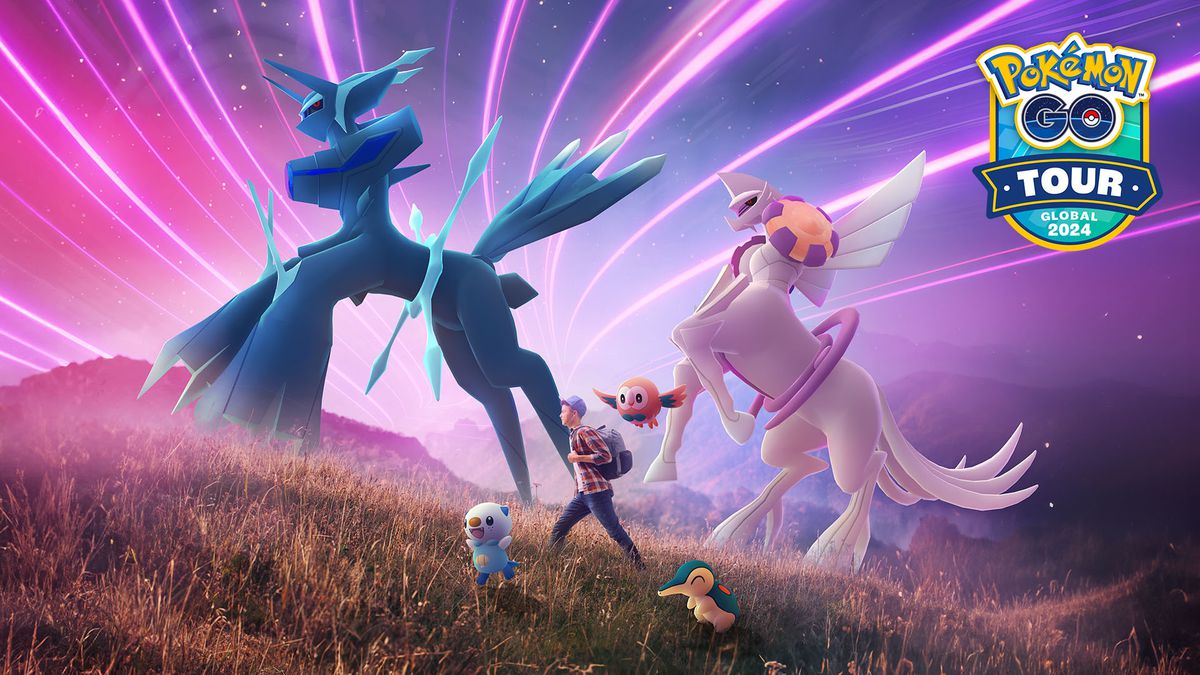 Origin Forme Dialga and Palkia walk up a hill with a trainer in Pokémon Go.