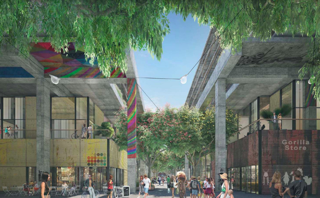 A rendering of 6AM in the Arts District of Los Angeles. There are people walking down a path between two rose of buildings. There is tree in the foreground.